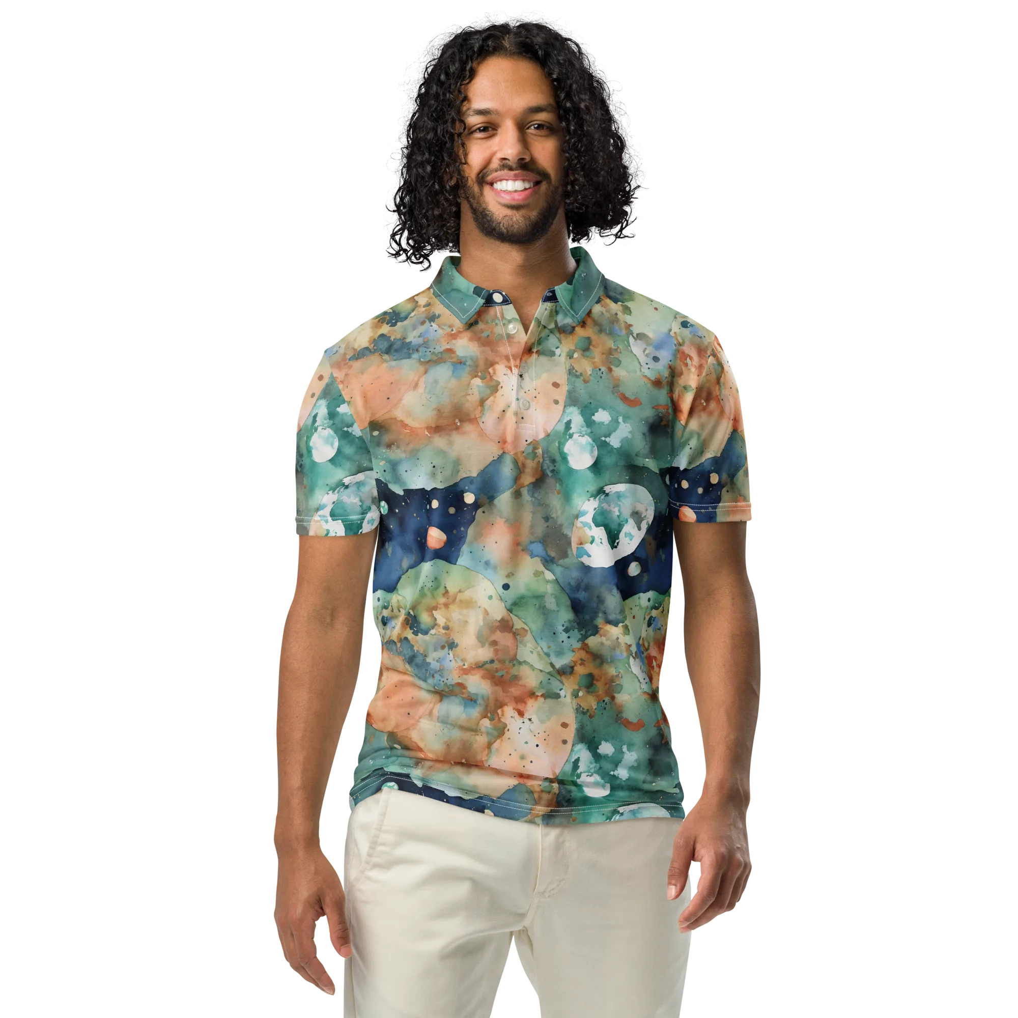 Celestial Watercolor on Men's Slim Fit Polo Shirt — Front