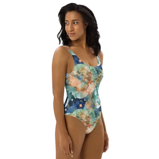 Celestial Watercolor on a One-Piece Swimsuit
