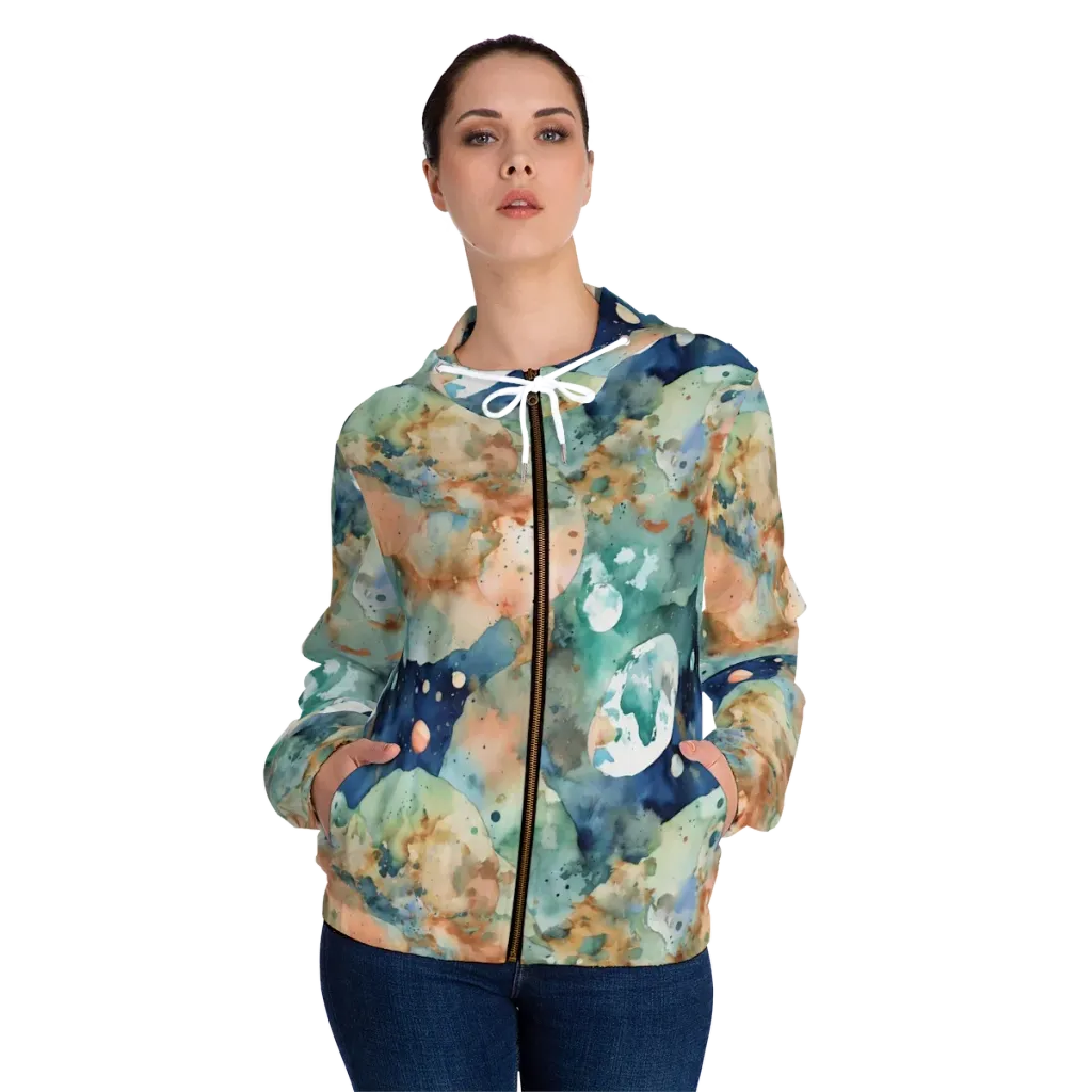 Celestial Watercolor on Women's Full-Zip Hoodie — Front On Person