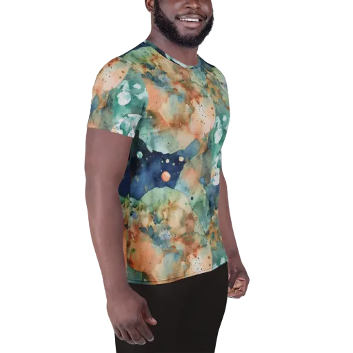 Celestial Watercolor on a Men's Athletic T-Shirt