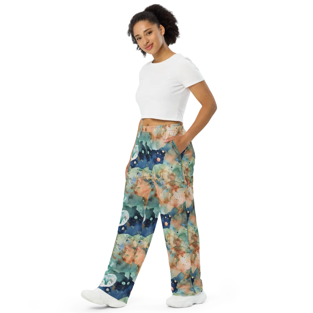 Celestial Watercolor on Wide-Leg Pants — Left Front