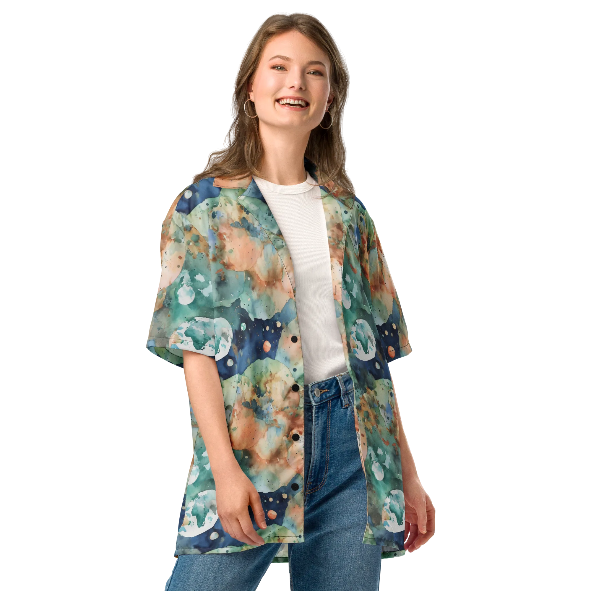 Celestial Watercolor on Button Shirt — Front
