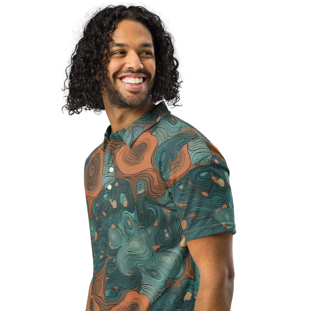 Teal Topography on Men's Slim Fit Polo Shirt — Left Front