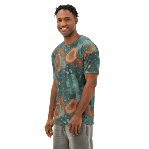 Teal Topography on a Men's Cotton Crew Neck T-Shirt