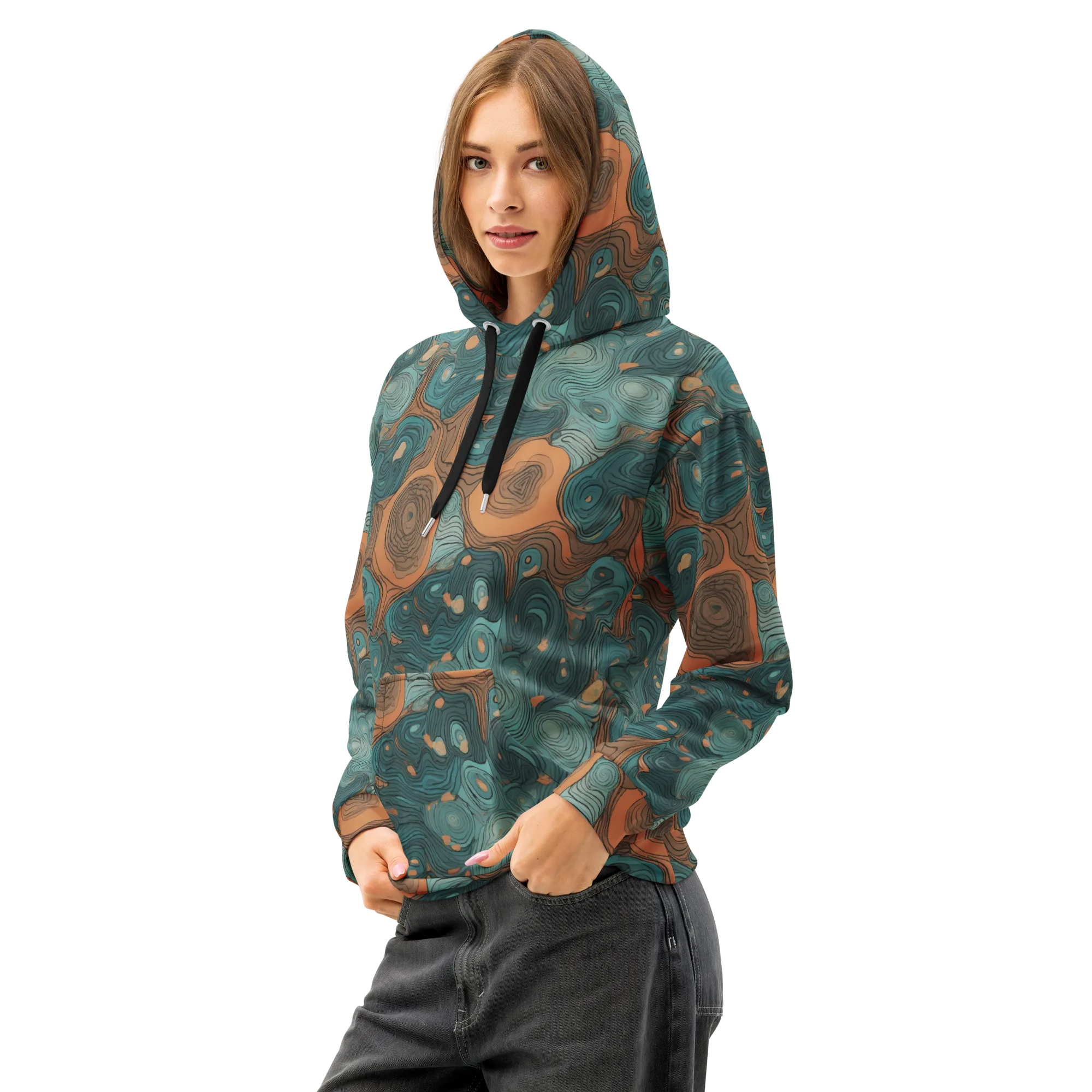 Teal Topography on Cotton Hoodie — Left Front