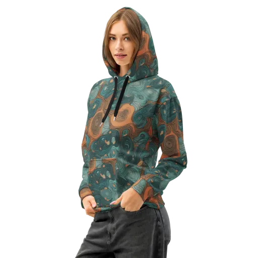 Teal Topography on a Cotton Hoodie