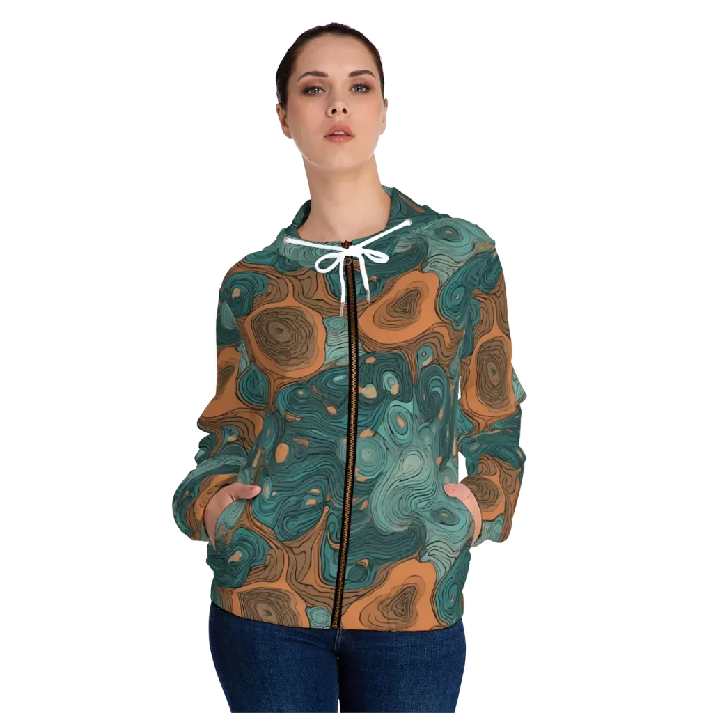 Teal Topography on Women's Full-Zip Hoodie — Front On Person