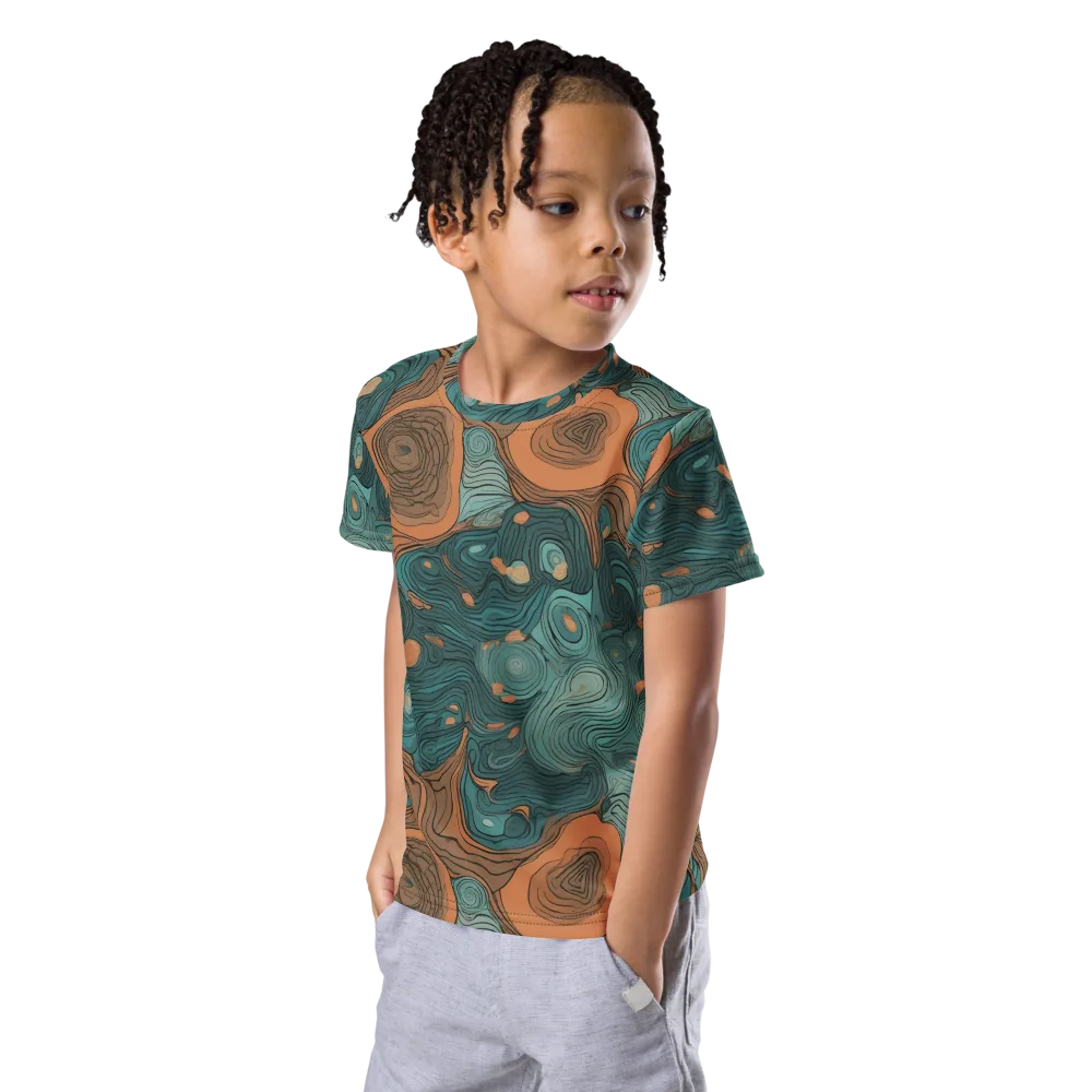 Teal Topography on Kids Crew Neck T-Shirt — Left Front