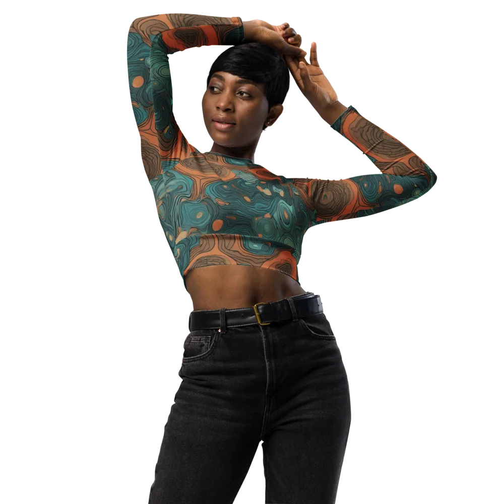Teal Topography on Long Sleeve Crop Top — Front