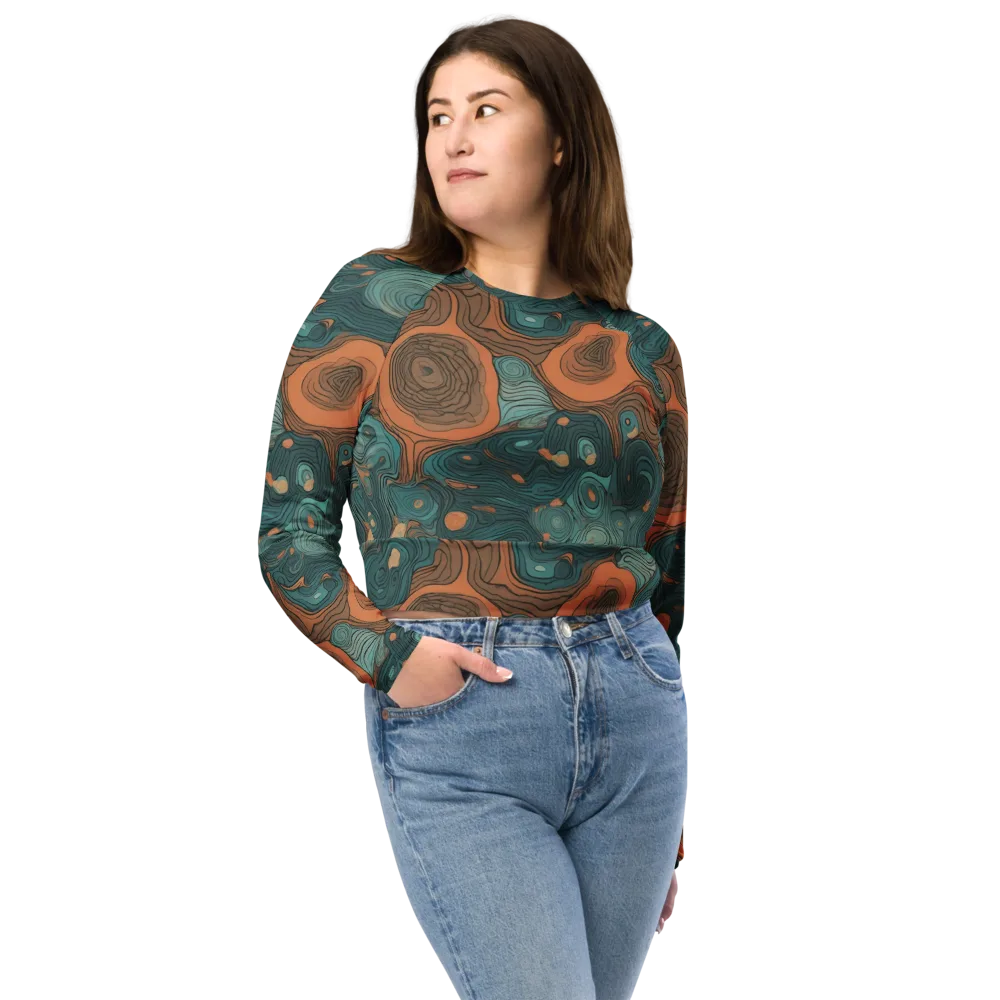 Teal Topography on Long Sleeve Crop Top — Front