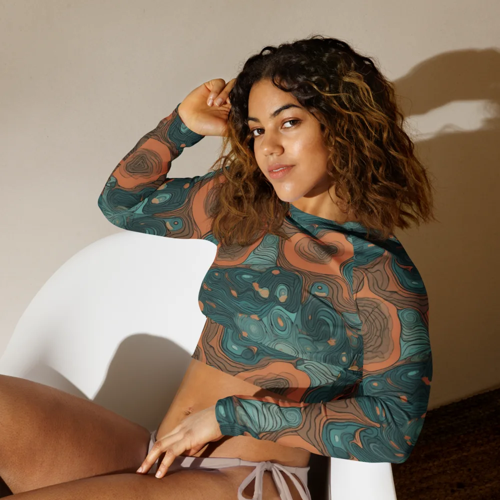 Teal Topography on Long Sleeve Crop Top — Left Front