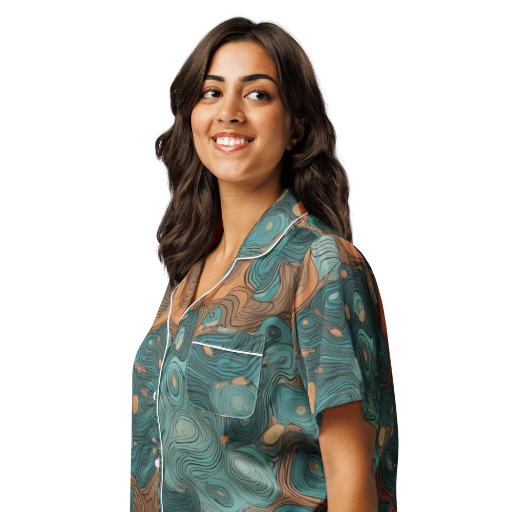 Teal Topography on Women's Short Sleeve Pajama Top — Left Front
