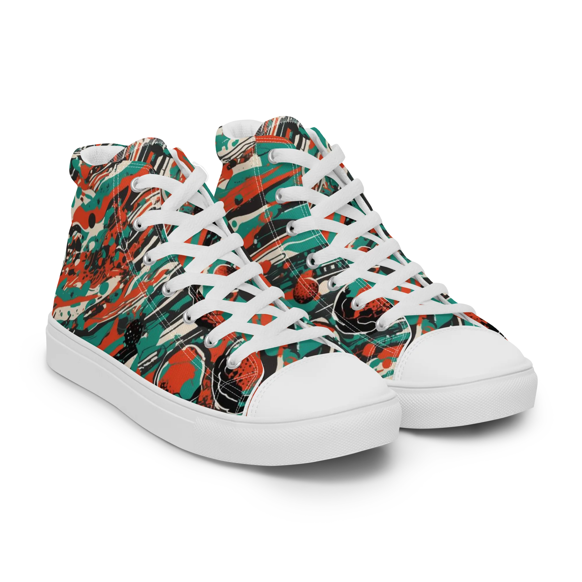 Teal Static on Women's High Top Canvas Shoes — Right Front