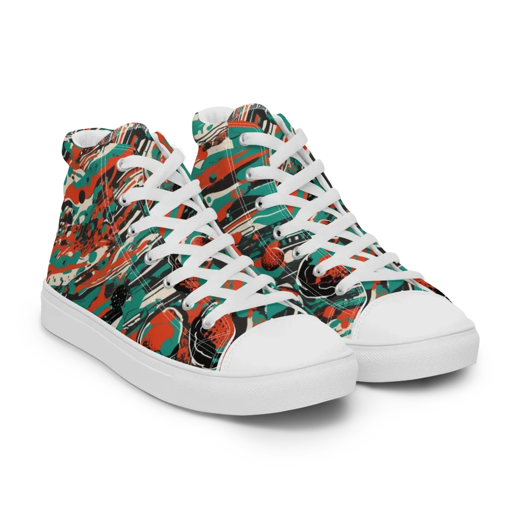 Teal Static on Women's High Top Canvas Shoes — Right Front