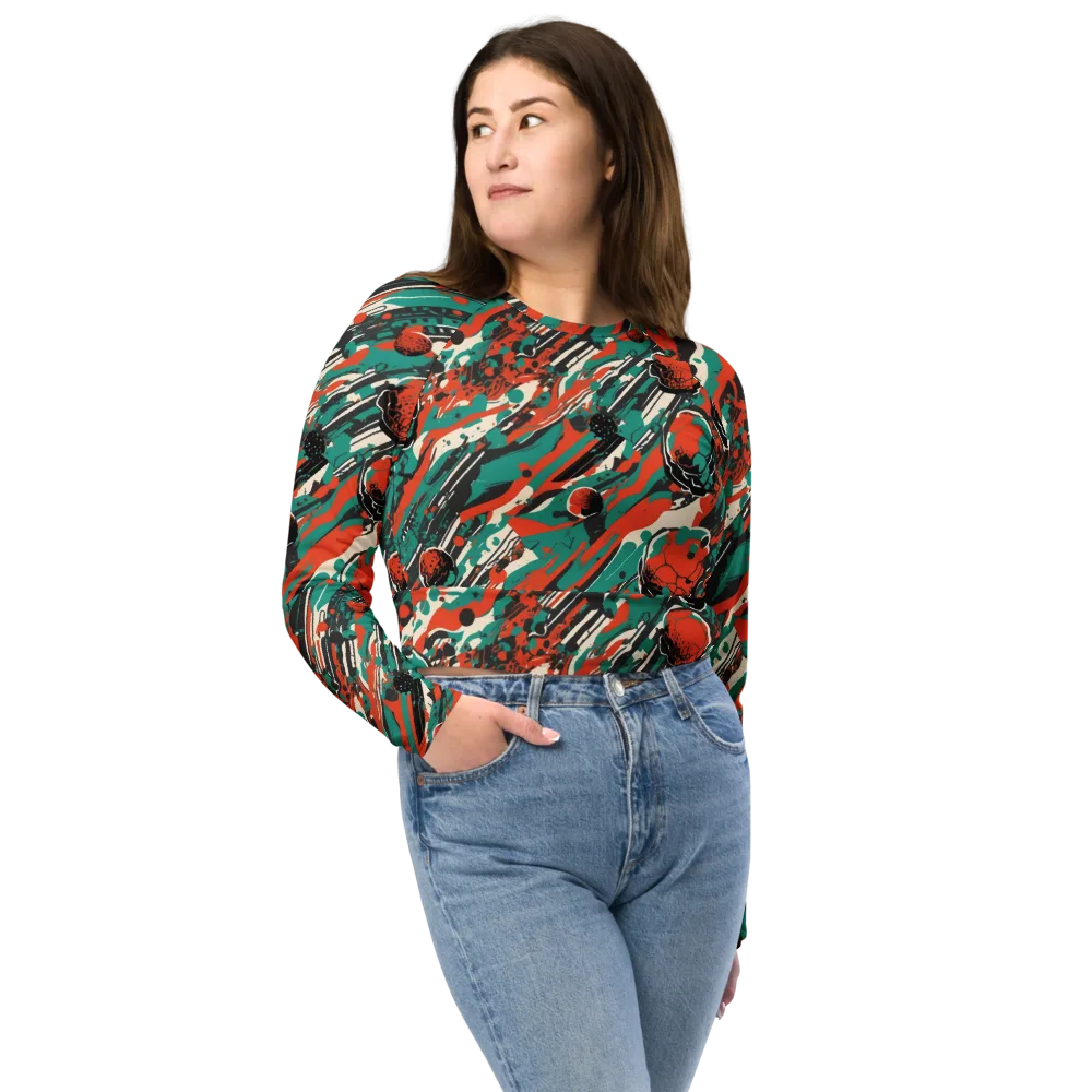 Teal Static on Long Sleeve Crop Top — Front