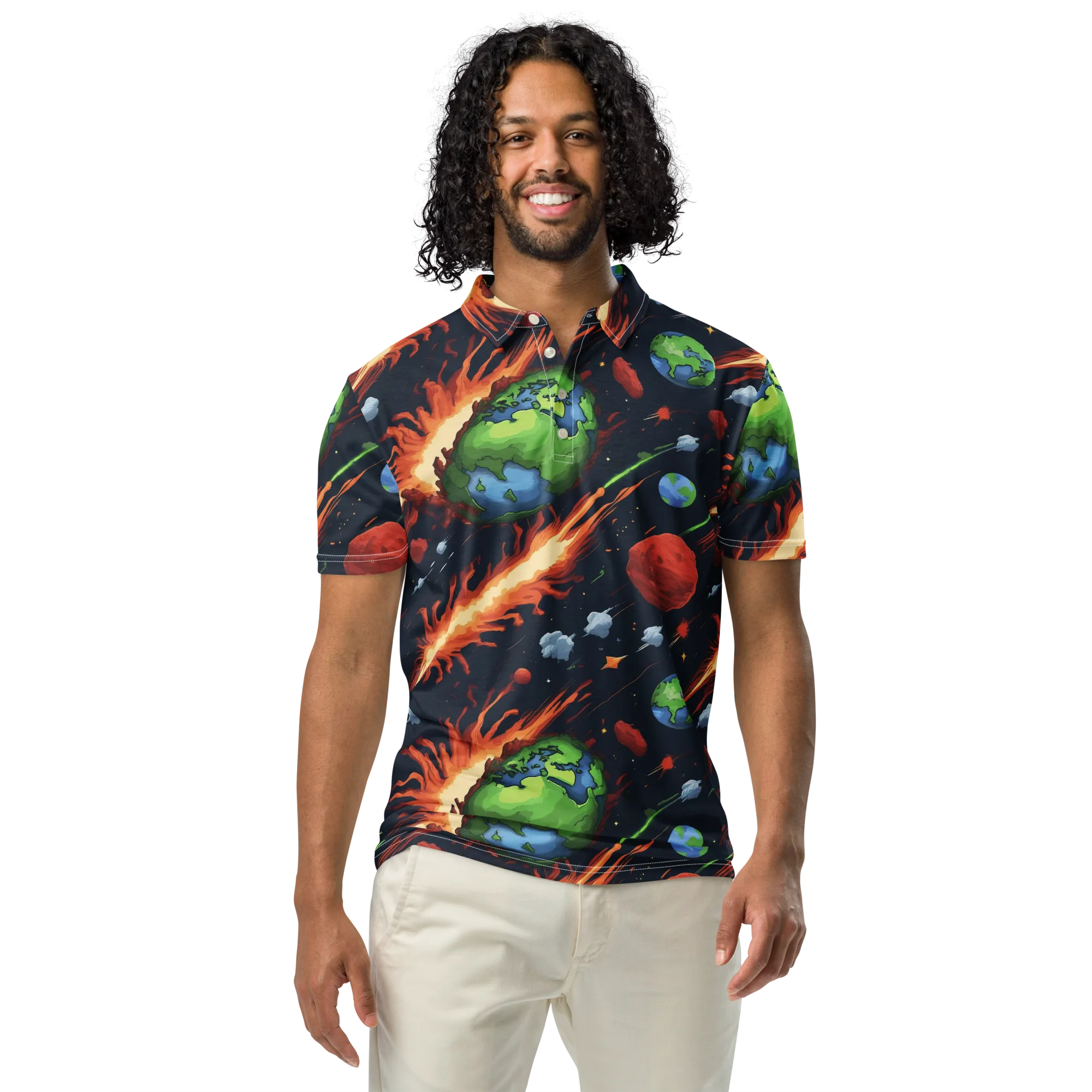 Earthbound Comet on Men's Slim Fit Polo Shirt — Front