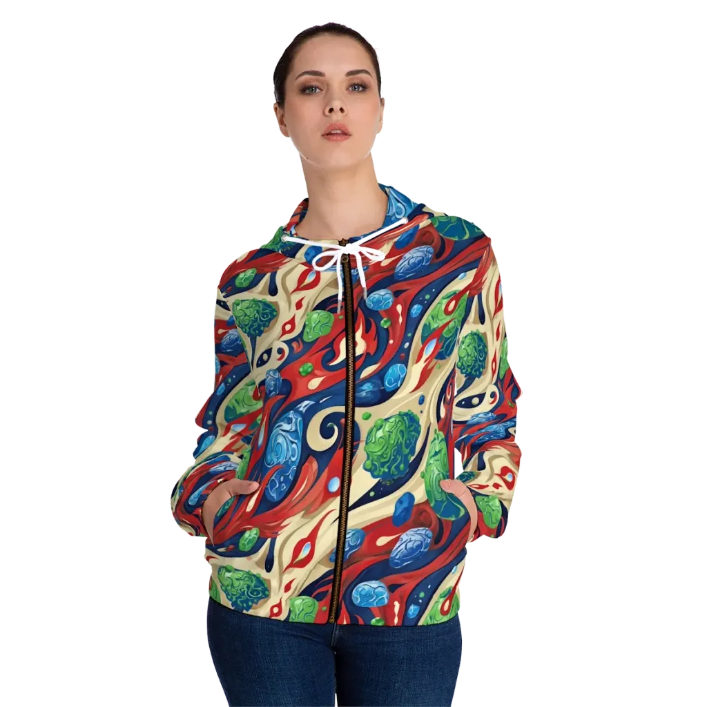Cosmic Sgraffito on Women's Full-Zip Hoodie — Front On Person