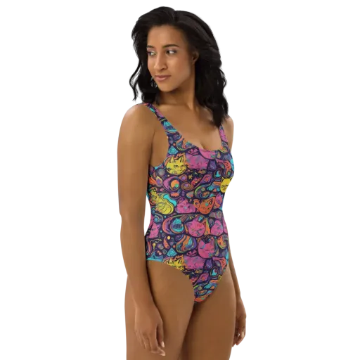 Moonlit Meow on a One-Piece Swimsuit
