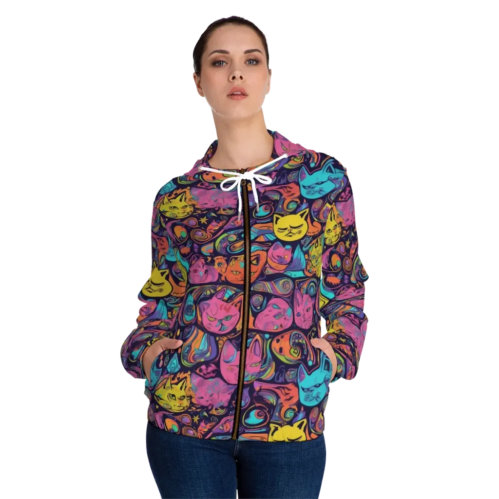 Moonlit Meow on Women's Full-Zip Hoodie — Front On Person