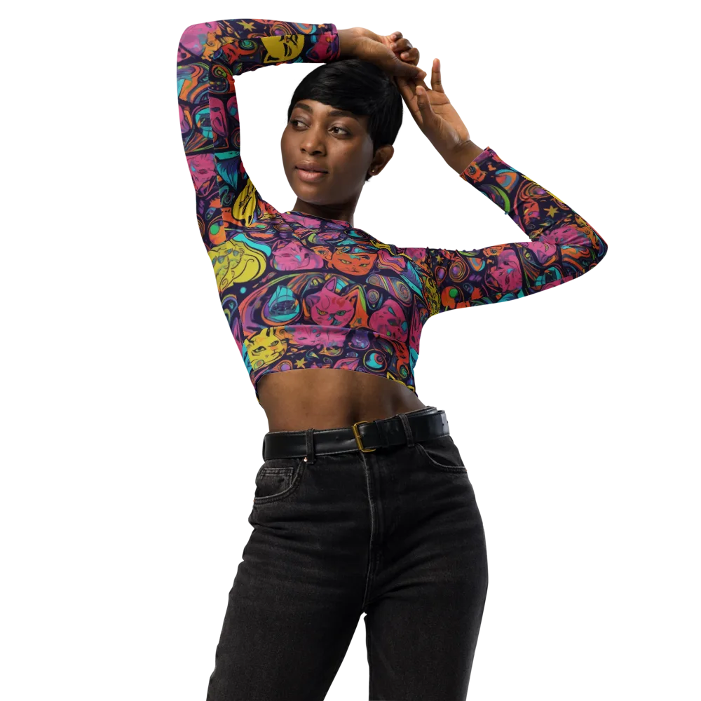 Moonlit Meow on Long Sleeve Crop Top — Front