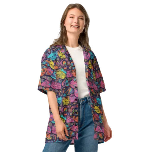 Moonlit Meow on a Button Shirt