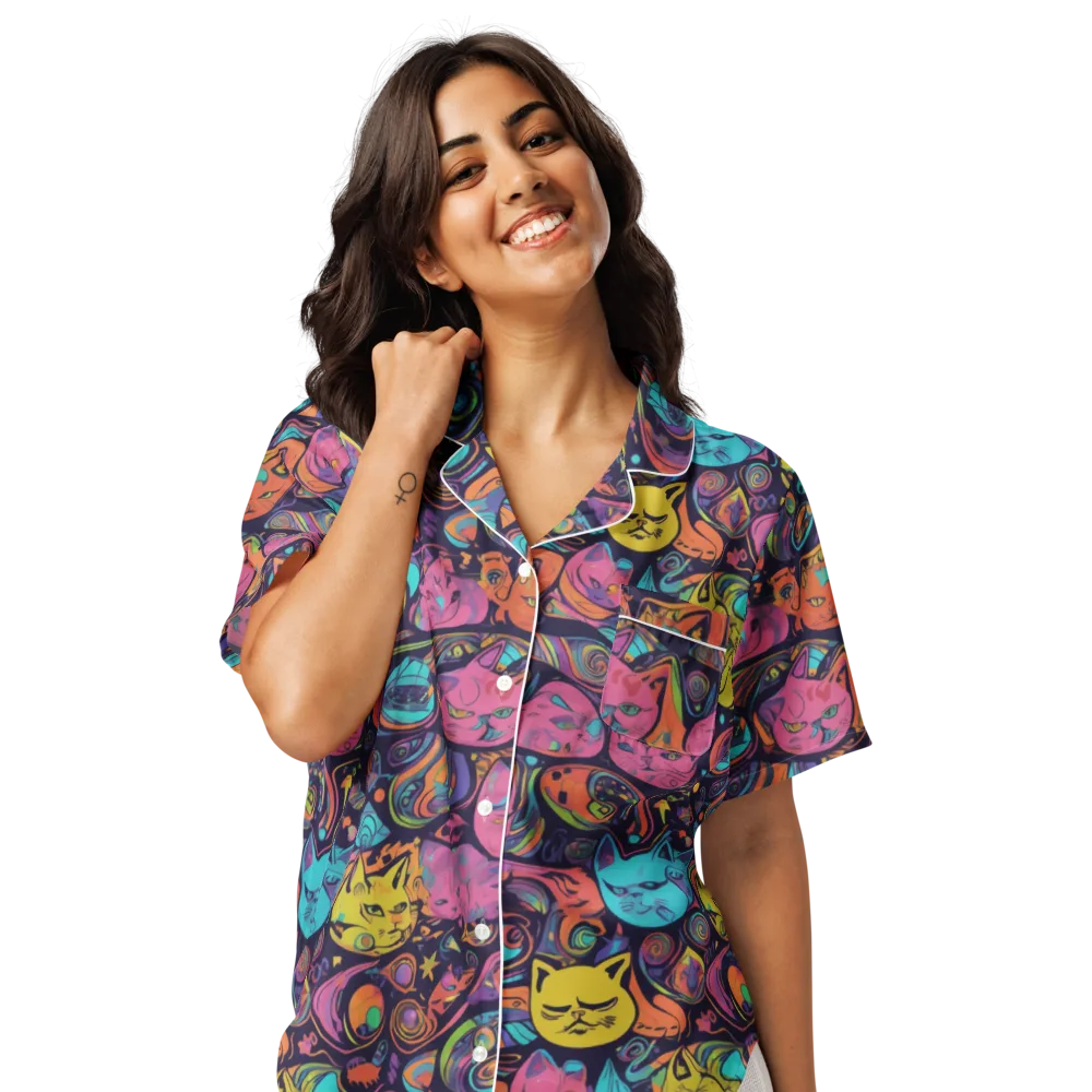 Moonlit Meow on Women's Short Sleeve Pajama Top — Front