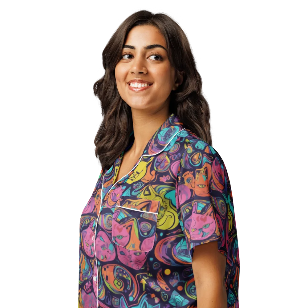 Moonlit Meow on Women's Short Sleeve Pajama Top — Left Front