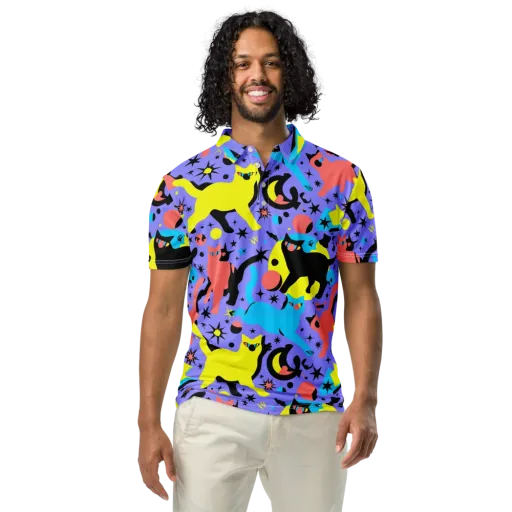 Lunar Meowdown on a Men's Slim Fit Polo Shirt