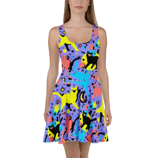 Lunar Meowdown on a Skater Dress