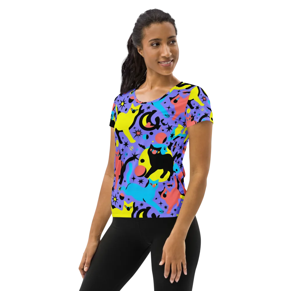 Lunar Meowdown on Women's Athletic T-Shirt — Left