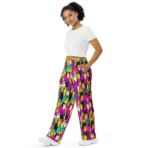 Feline Fever on a Wide-Leg Pants