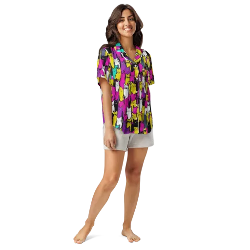 Feline Fever on a Women's Short Sleeve Pajama Top