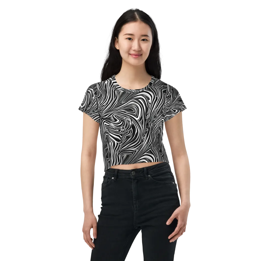 Monochrome Vortex on Crop Tee — Front