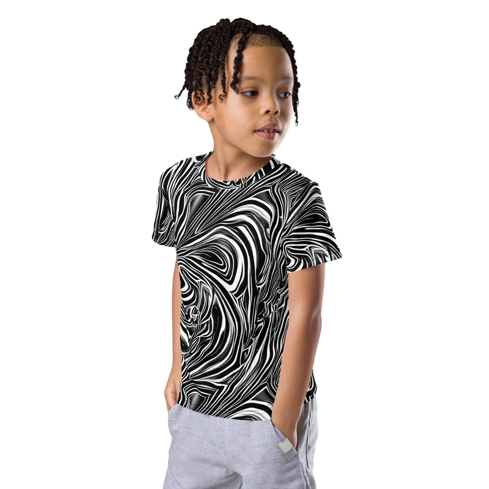 Monochrome Vortex on Kids Crew Neck T-Shirt — Left Front