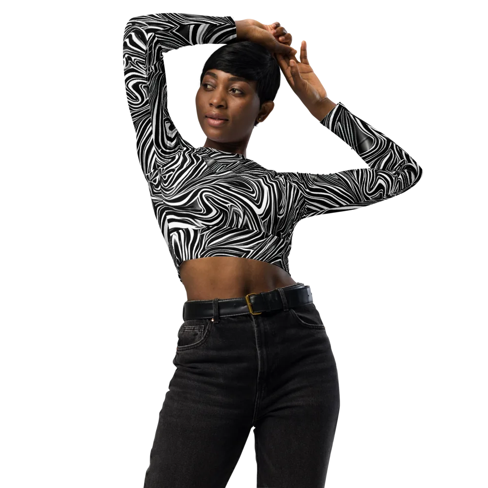 Monochrome Vortex on Long Sleeve Crop Top — Front