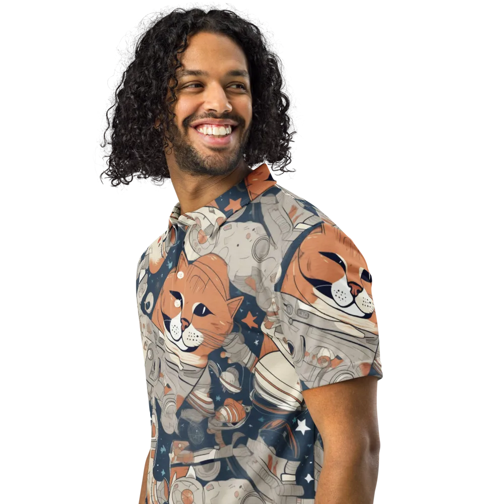 Astrocat Assembly on Men's Slim Fit Polo Shirt — Left Front