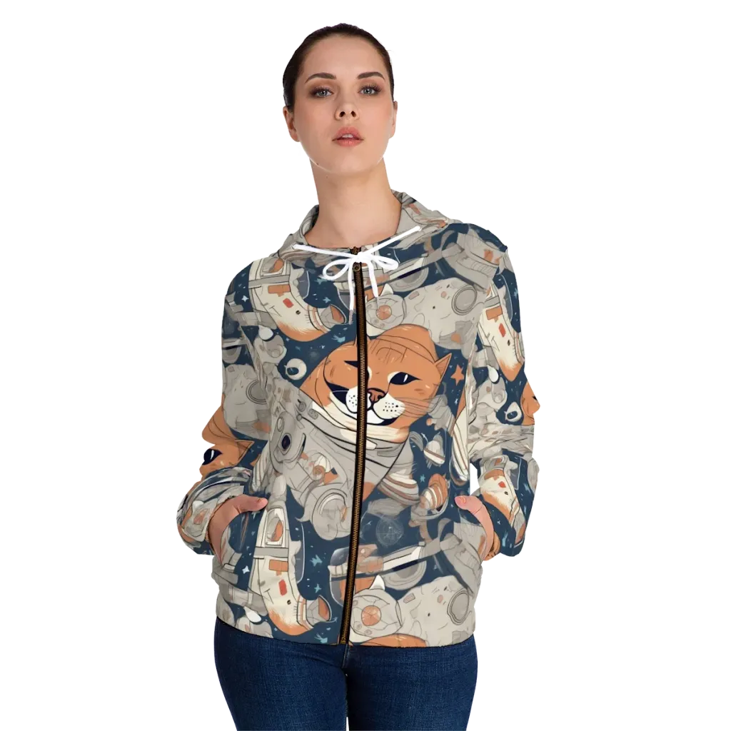 Astrocat Assembly on Women's Full-Zip Hoodie — Front On Person