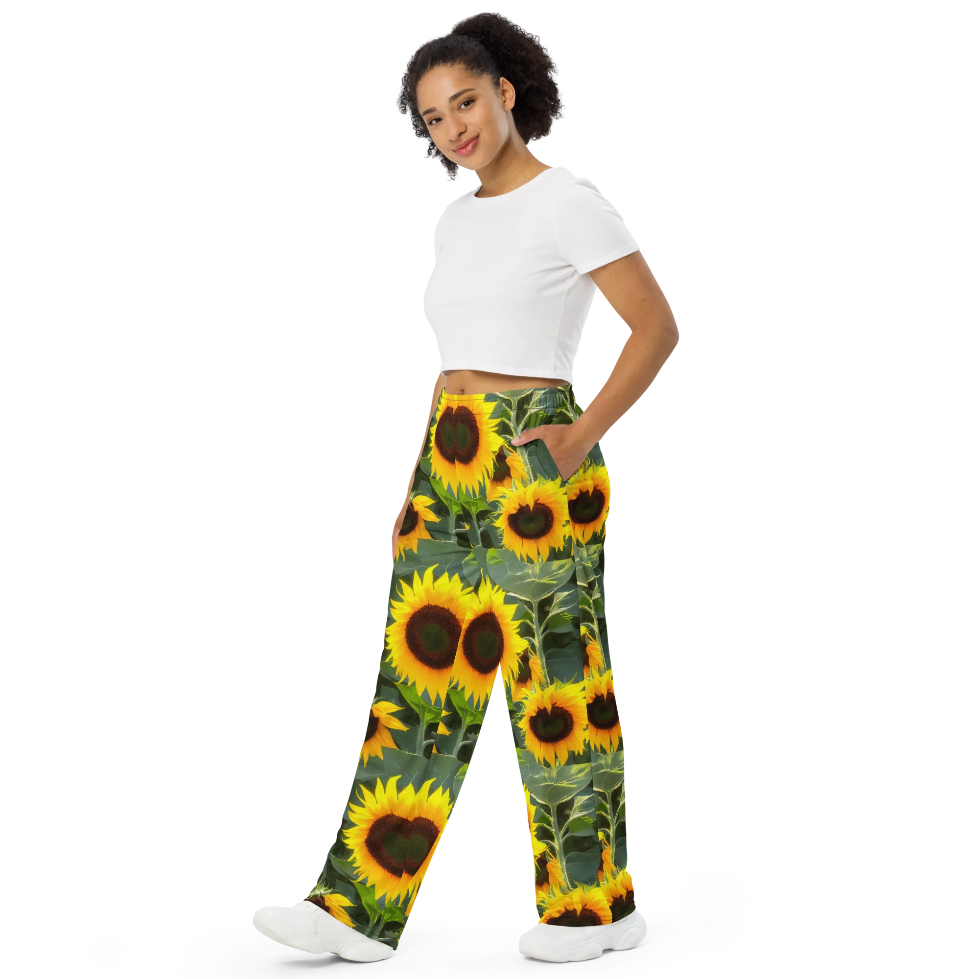 Solar Bloom on Wide-Leg Pants — Left Front