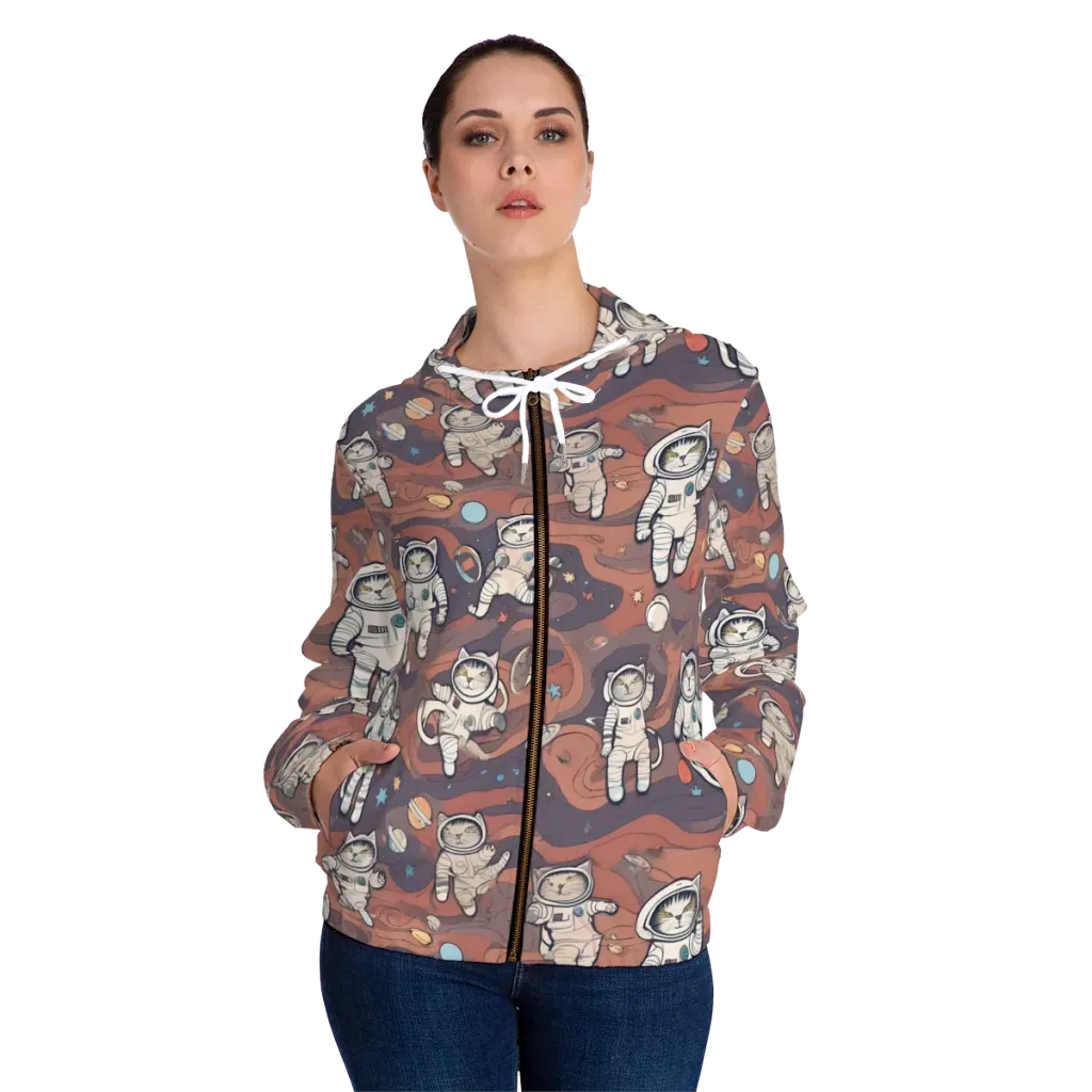 Orbiting Tabby on Women's Full-Zip Hoodie — Front On Person