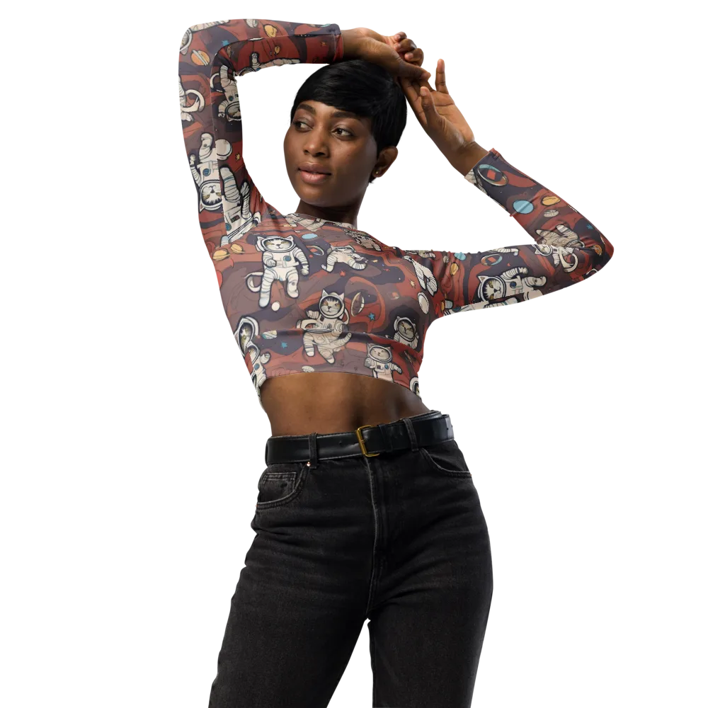 Orbiting Tabby on Long Sleeve Crop Top — Front
