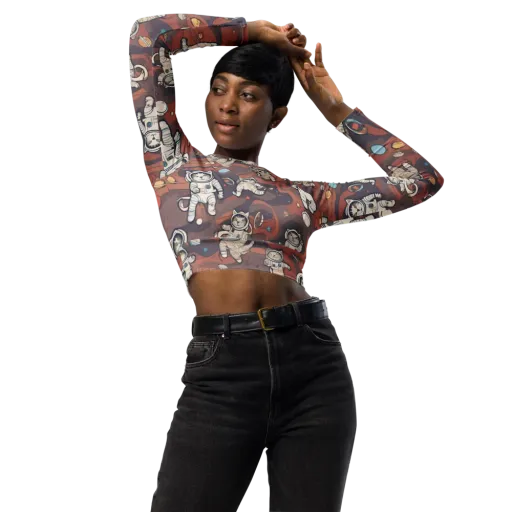Orbiting Tabby on a Long Sleeve Crop Top