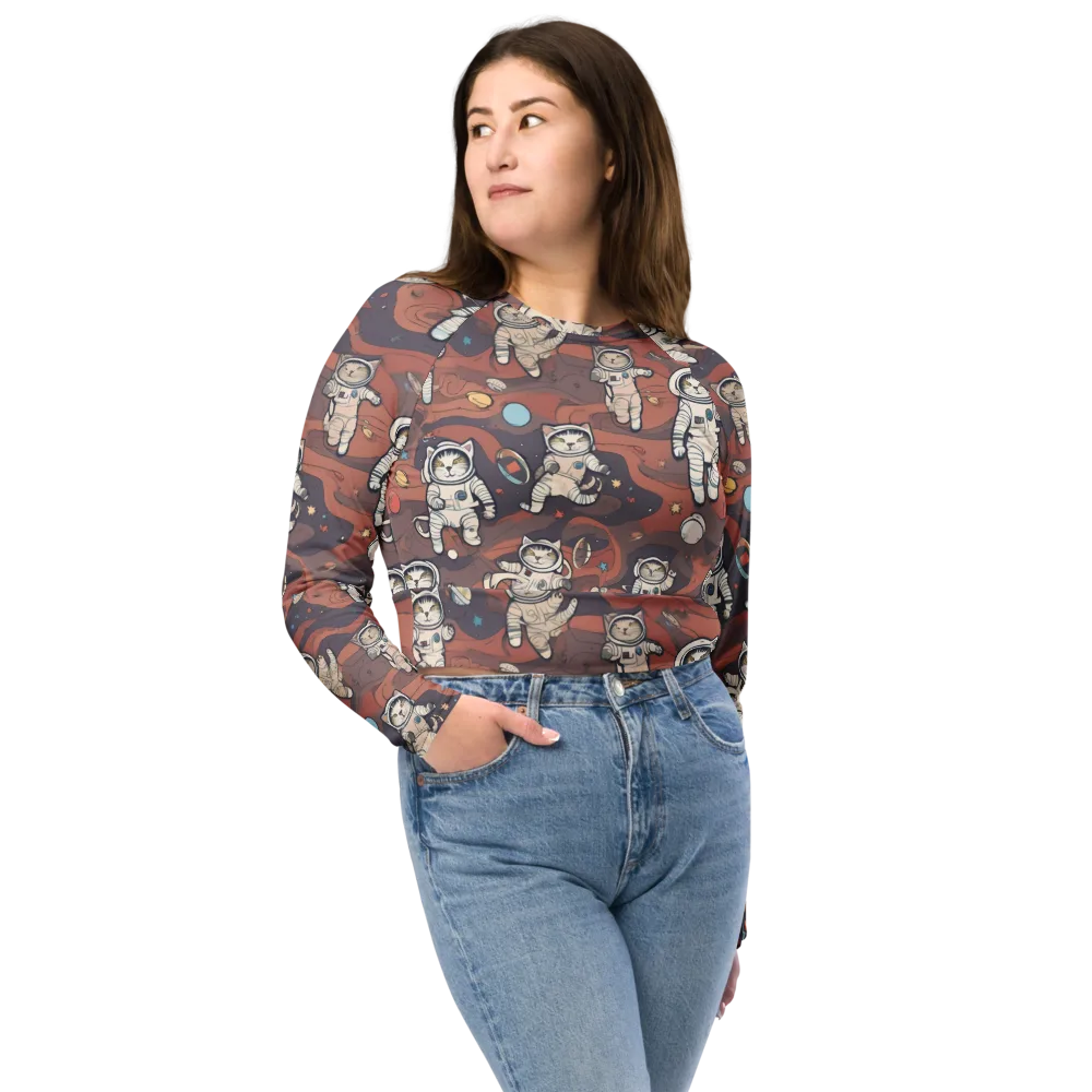 Orbiting Tabby on Long Sleeve Crop Top — Front
