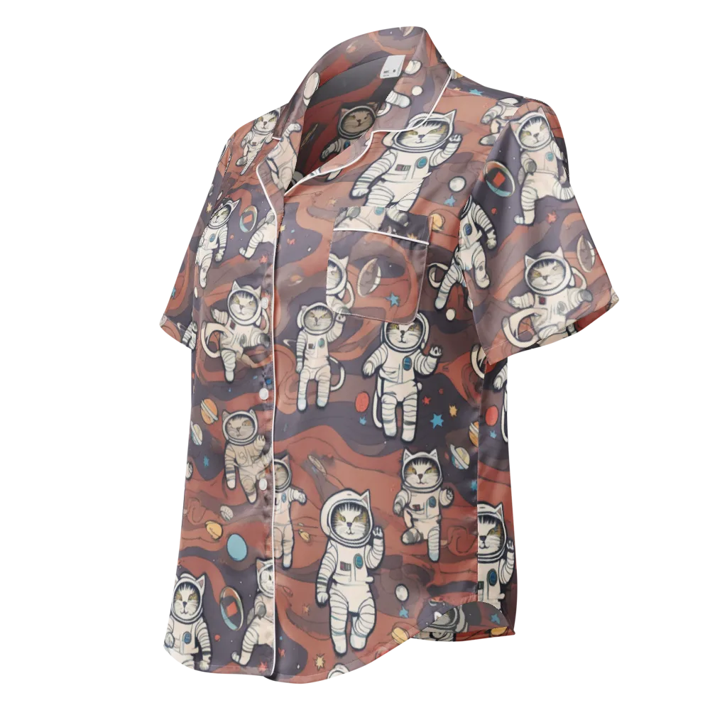 Orbiting Tabby on Women's Short Sleeve Pajama Top — Left Front