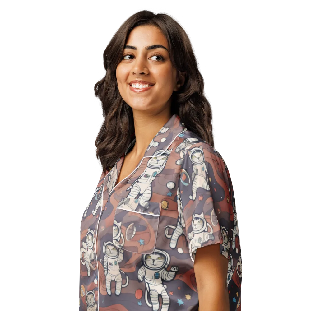 Orbiting Tabby on Women's Short Sleeve Pajama Top — Left Front