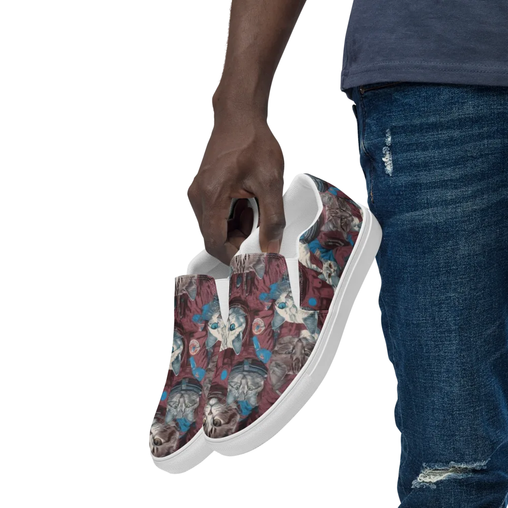 Cosmic Cat Crew on Men's Slip-On Canvas Shoes — Left Front