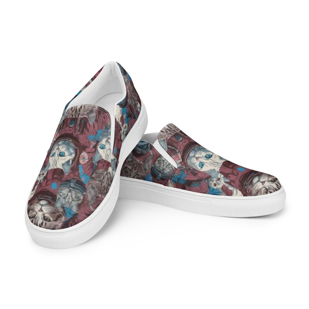 Cosmic Cat Crew on Women's Slip-On Canvas Shoes — Left Front