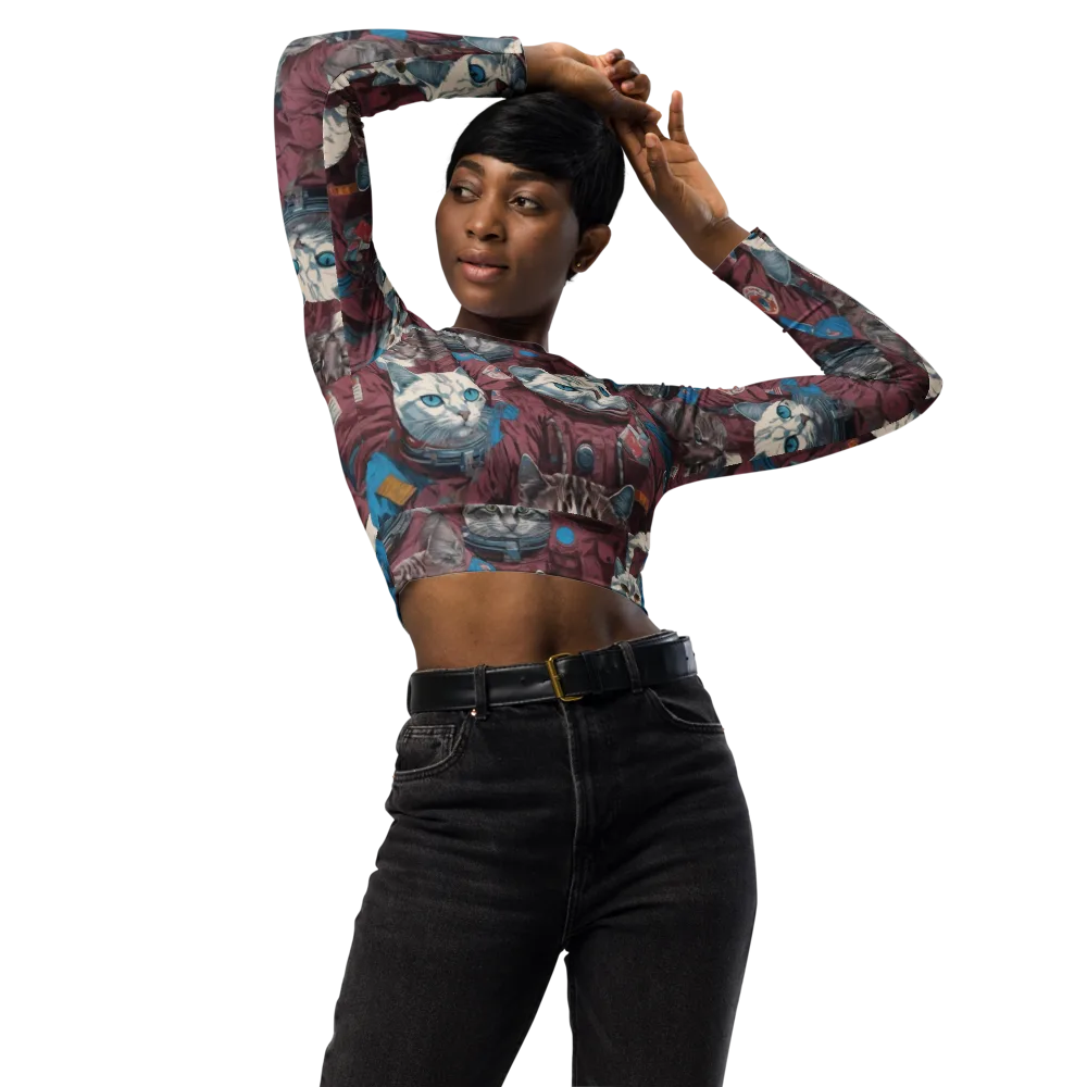 Cosmic Cat Crew on Long Sleeve Crop Top — Front