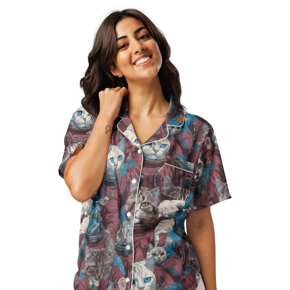Cosmic Cat Crew on Women's Short Sleeve Pajama Top — Front