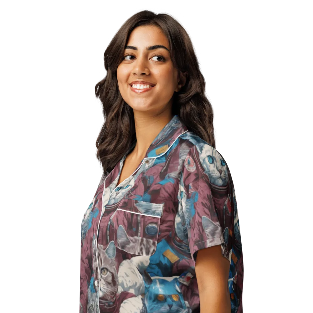 Cosmic Cat Crew on Women's Short Sleeve Pajama Top — Left Front