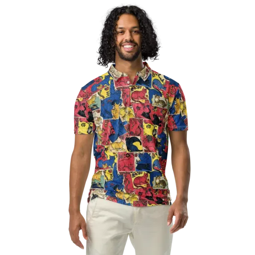 Midnight Cat Almanac on a Men's Slim Fit Polo Shirt